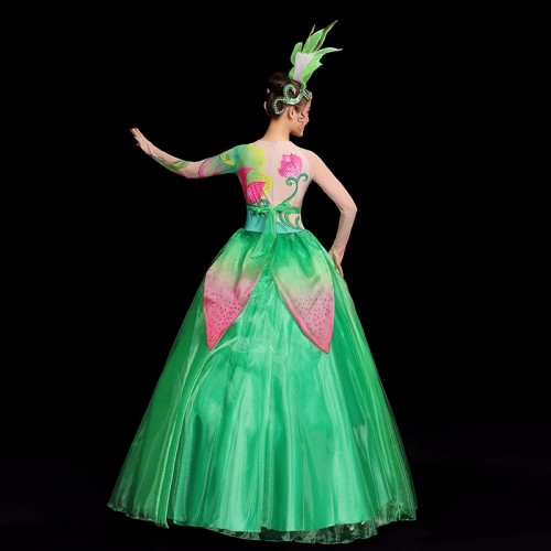 Women girls pink green petals flamenco dance dress spanish bull dance swing skirts opening dance ballroom dress folk dance costumes